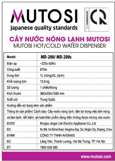 Cây nước nóng lạnh Mutosi MD-200S